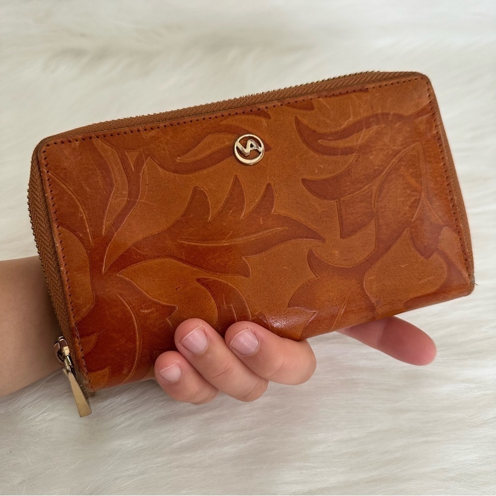 Valentina Italy Embossed Genuine Leather Floral Zip Around Wallet